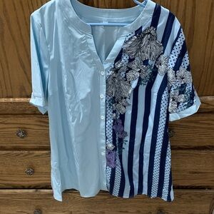 SHEIN Blue Floral Striped Swim Coverup